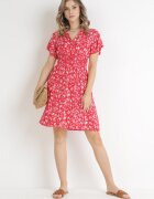 cflo Rochie Mini Roșie Florală din Viscoză cu Elastic Încrețit în Talie Catela