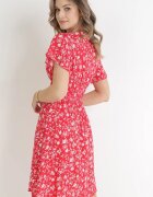 cflo Rochie Mini Roșie Florală din Viscoză cu Elastic Încrețit în Talie Catela