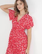 cflo Rochie Mini Roșie Florală din Viscoză cu Elastic Încrețit în Talie Catela