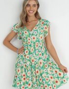 cflo Rochie Mini Verde deschis din Viscoză cu elastic în talie și volane Nidi