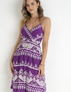 cflo Rochie Mov închis din Viscoză cu Model Ornamental cu Elastic în Talie Hirata