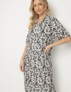 cflo Rochie neagră din Viscoză cu croi tip cutie cu model ornamental Ridisa