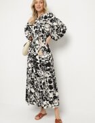 cflo Rochie Neagră din Viscoză cu Croială Dreaptă cu Model Floral Ridiana