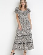 cflo Rochie Neagră Evazată Maxi cu Decolteu Decorativ și Elastic în Talie din Viscoză Adyni