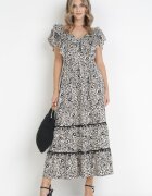 cflo Rochie Neagră Evazată Maxi cu Decolteu Decorativ și Elastic în Talie din Viscoză Adyni