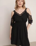 cflo Rochie neagră Mini stil spaniol cu bretele cu mâneci din dantelă și elastic în talie Giovati