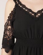 cflo Rochie neagră Mini stil spaniol cu bretele cu mâneci din dantelă și elastic în talie Giovati