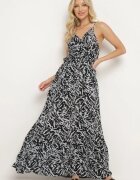 cflo Rochie Negru-Alb din Viscoză pe Bretele cu Elastic în Talie și Cureaua din Material Stralia