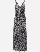 cflo Rochie Negru-Alb din Viscoză pe Bretele cu Elastic în Talie și Cureaua din Material Stralia