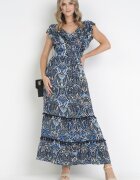 cflo Rochie Negru-Bleumarin Cloș Maxi cu bandă elastică încrețită în talie și Volane din Viscoză Wilsey