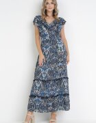 cflo Rochie Negru-Bleumarin Cloș Maxi cu bandă elastică încrețită în talie și Volane din Viscoză Wilsey