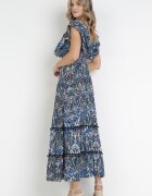 cflo Rochie Negru-Bleumarin Cloș Maxi cu bandă elastică încrețită în talie și Volane din Viscoză Wilsey