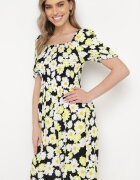 cflo Rochie Negru-Galben din viscoză Midi Evazată cu imprimeu floral Acarana