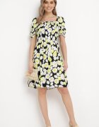 cflo Rochie Negru-Galben din viscoză Midi Evazată cu imprimeu floral Acarana