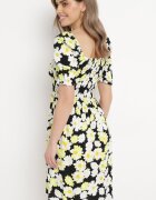 cflo Rochie Negru-Galben din viscoză Midi Evazată cu imprimeu floral Acarana