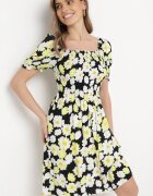 cflo Rochie Negru-Galben din viscoză Midi Evazată cu imprimeu floral Acarana