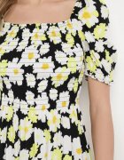 cflo Rochie Negru-Galben din viscoză Midi Evazată cu imprimeu floral Acarana