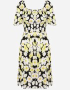 cflo Rochie Negru-Galben din viscoză Midi Evazată cu imprimeu floral Acarana