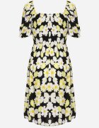 cflo Rochie Negru-Galben din viscoză Midi Evazată cu imprimeu floral Acarana