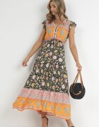 cflo Rochie negru-portocalie Maxi din Viscoză în Stil Boho Larres