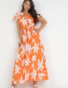 cflo Rochie Plisată Portocalie Maxi cu Elastic în Talie din Viscoză cu Imprimeu Floral Rossemari