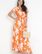 cflo Rochie Plisată Portocalie Maxi cu Elastic în Talie din Viscoză cu Imprimeu Floral Rossemari