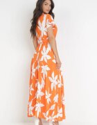 cflo Rochie Plisată Portocalie Maxi cu Elastic în Talie din Viscoză cu Imprimeu Floral Rossemari