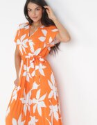 cflo Rochie Plisată Portocalie Maxi cu Elastic în Talie din Viscoză cu Imprimeu Floral Rossemari