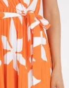 cflo Rochie Plisată Portocalie Maxi cu Elastic în Talie din Viscoză cu Imprimeu Floral Rossemari