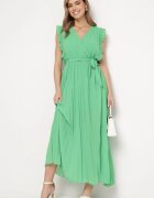 cflo Rochie Plisată Verde Maxi Vâscoză cu Decolteu Petrecut și Volane Glimes