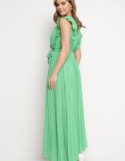 cflo Rochie Plisată Verde Maxi Vâscoză cu Decolteu Petrecut și Volane Glimes
