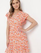 cflo Rochie Portocalie din Viscoză cu Imprimeu Floral cu Decolteu Petrecut Avafia