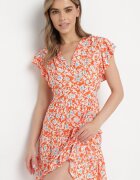 cflo Rochie Portocalie din Viscoză cu Imprimeu Floral cu Decolteu Petrecut Avafia