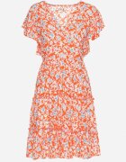 cflo Rochie Portocalie din Viscoză cu Imprimeu Floral cu Decolteu Petrecut Avafia