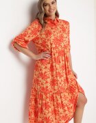 cflo Rochie Portocalie Maxi cu Imprimeu Floral și Partea de Sus Tip Cămașă Lithaia