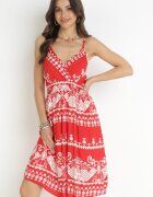 cflo Rochie Roșie din Vâscoză cu Model Ornamental cu Elastic în Talie Hirata