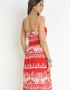 cflo Rochie Roșie din Vâscoză cu Model Ornamental cu Elastic în Talie Hirata