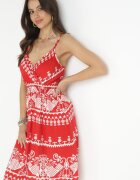 cflo Rochie Roșie din Vâscoză cu Model Ornamental cu Elastic în Talie Hirata