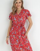 cflo Rochie Roșie Midi din Viscoză cu Elastic în Talie și Mânecă Scurtă Jodys
