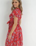 cflo Rochie Roșie Midi din Viscoză cu Elastic în Talie și Mânecă Scurtă Jodys