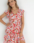 cflo Rochie Roșie Mini din Viscoză cu Elastic în Talie și Volane Nidi