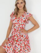 cflo Rochie Roșie Mini din Viscoză cu Elastic în Talie și Volane Nidi