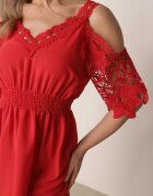 cflo Rochie Roșie Mini Spaniolă cu Bretele cu Mâneci din Dantelă și Elastic în Talie Giovati