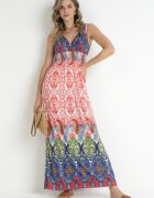 cflo Rochie Roșu-bleumarin cu bandă lată elastică în talie cu model etno Caroli