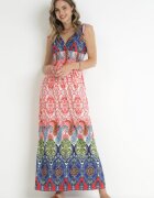 cflo Rochie Roșu-bleumarin cu bandă lată elastică în talie cu model etno Caroli
