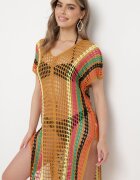 cflo Rochie tip pareo bej închisă de plajă croșetată cu franjuri decorative și benzi Qivella