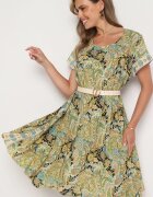 cflo Rochie Vâscoză Galben-Verde Croi Cloș Stil Boho Melnea