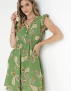 cflo Rochie Verde Clioșată din Viscoză cu Imprimeu Paisley Marinetta