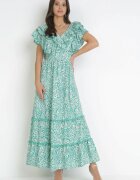 cflo Rochie Verde Cloș Maxi cu Decolteu Decorativ și Elastic în Talie din Viscoză Adyni
