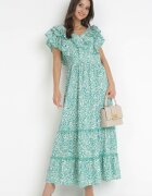 cflo Rochie Verde Cloș Maxi cu Decolteu Decorativ și Elastic în Talie din Viscoză Adyni